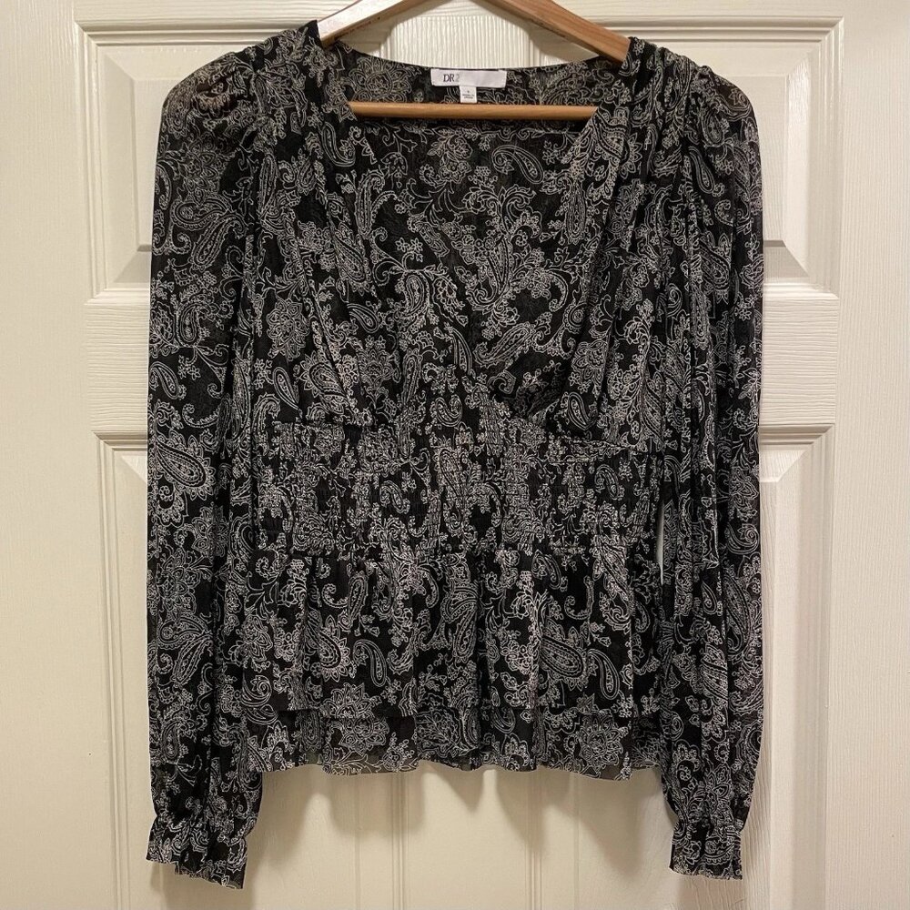 D2R Black and White Paisley Mesh Boho Peplum Balloon Sleeve Blouse Sz S NWOT